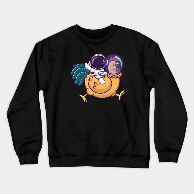 Cute Astronaut Riding Astronaut Chicken And Waving Hand Cartoon Crewneck Sweatshirt by Catalyst Labs